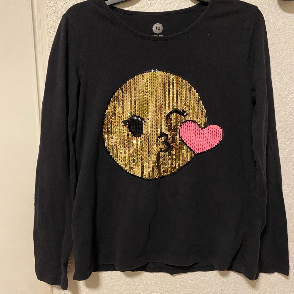 total girl Black Long-Sleeve Top with Gold Sequin Emoji and Pink Heart